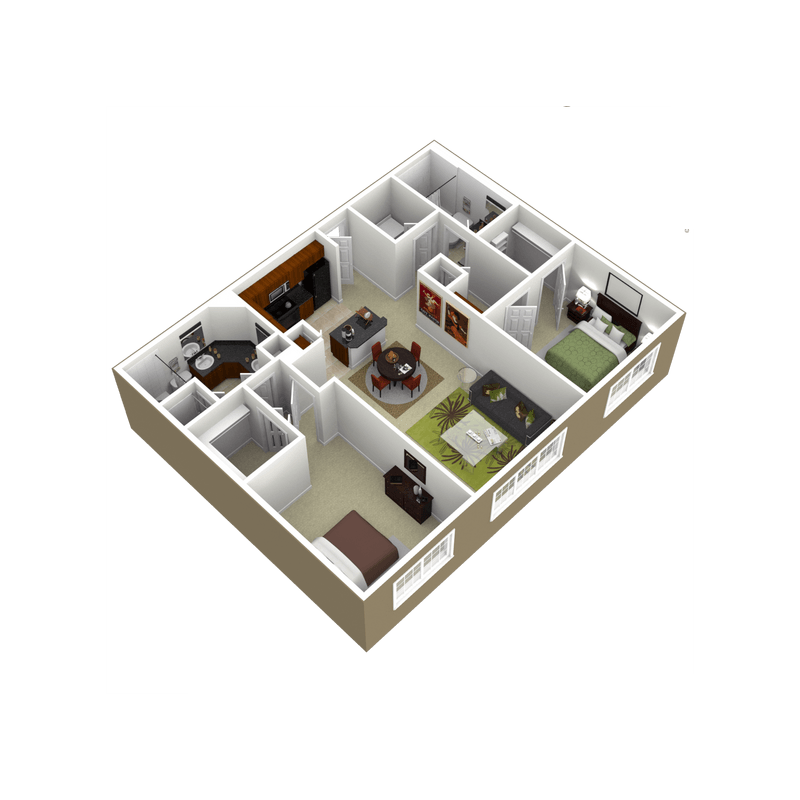 Floor plan for 2 beds, 2 baths, 1222 sqft